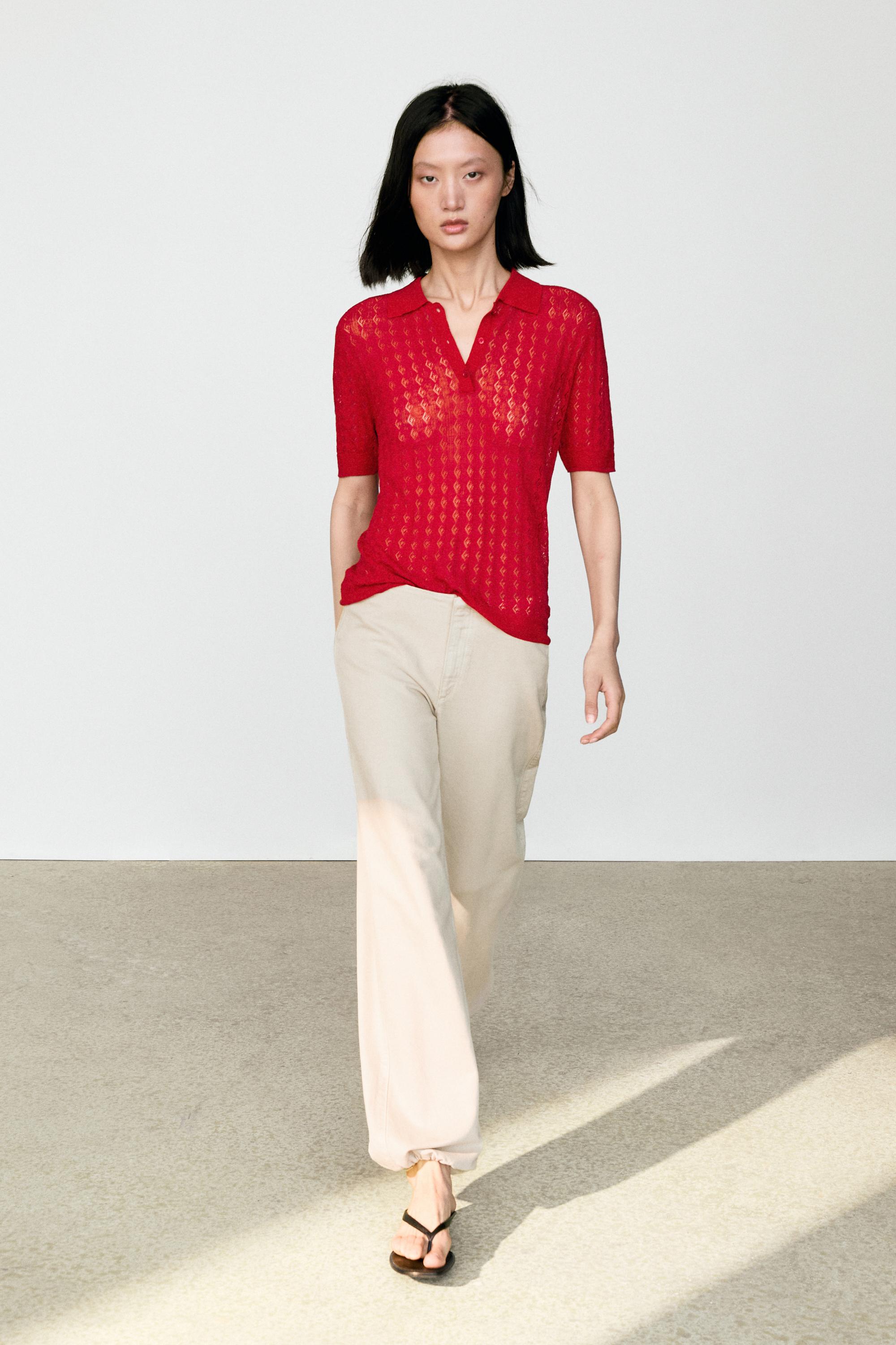 Open-knit polo sweater — Red