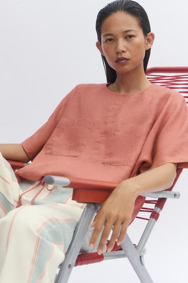 ZW COLLECTION 100% LINEN TOP WITH DRAWSTRINGS - Coral by Zara