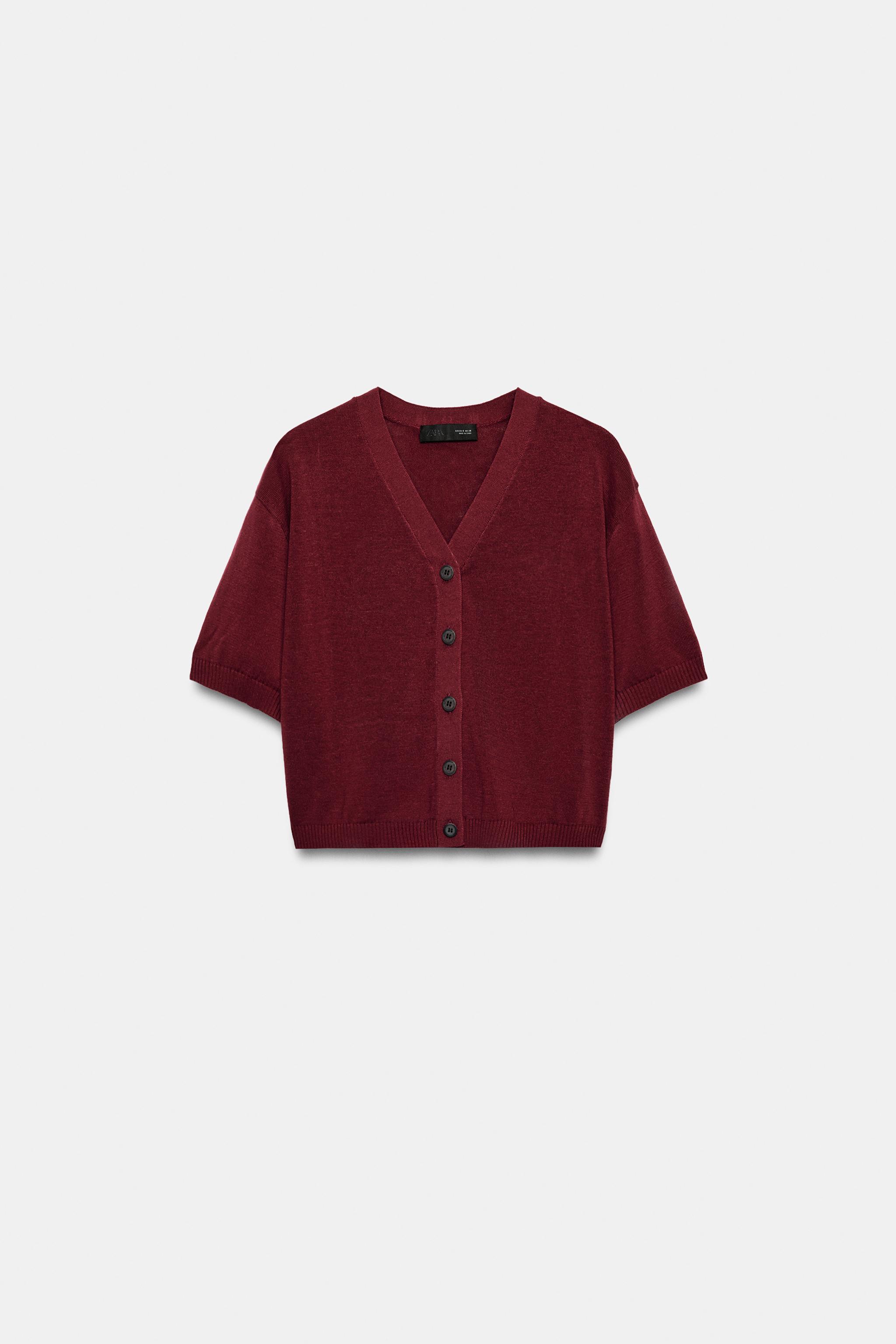 SHORT SLEEVE KNIT CARDIGAN — Maroon