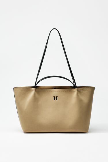 Zara DOUBLE HANDLE SHOPPER BAG - SAND/BROWN
