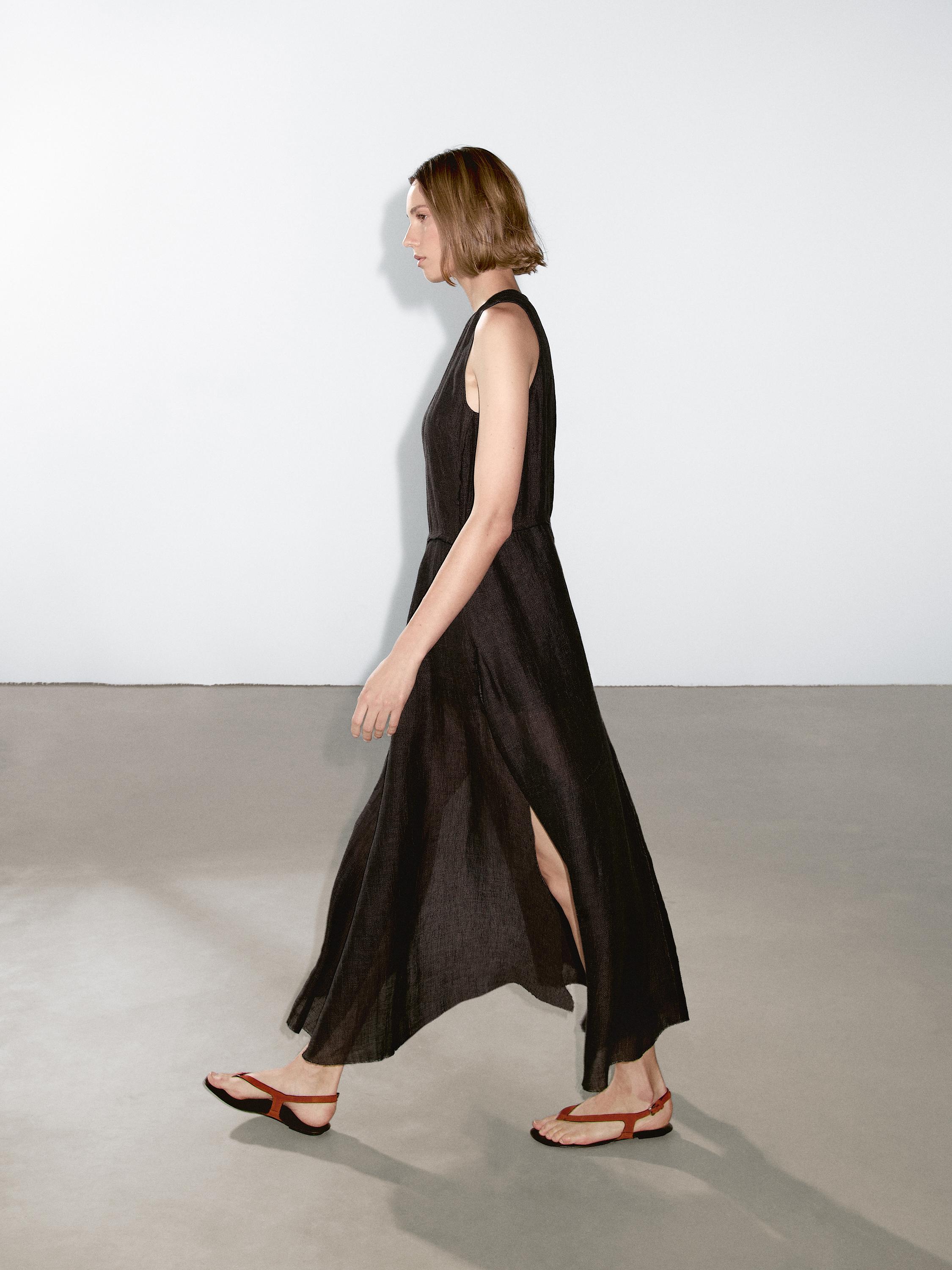 100% linen midi dress with frayed trims