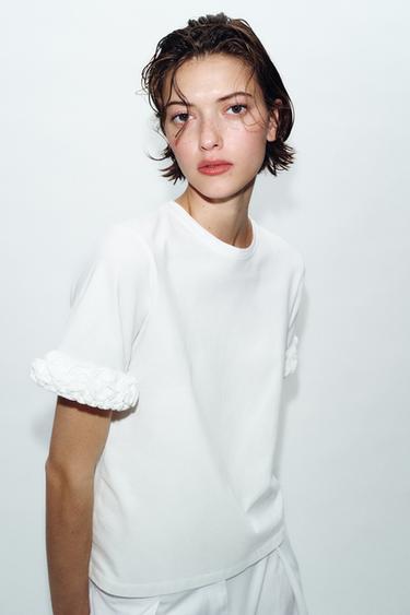 Zara RUFFLED SLEEVE T-SHIRT - White