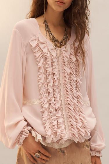LIMITED EDITION LACE RUFFLE SHIRT - Dusty pink by Zara