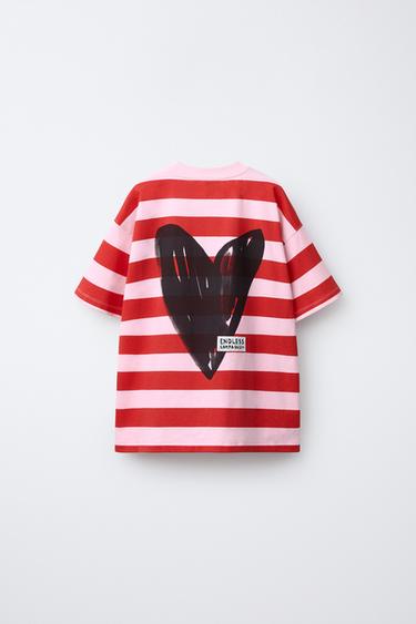 STRIPED T-SHIRT WITH HEART - Pink / White by Zara - Image 1