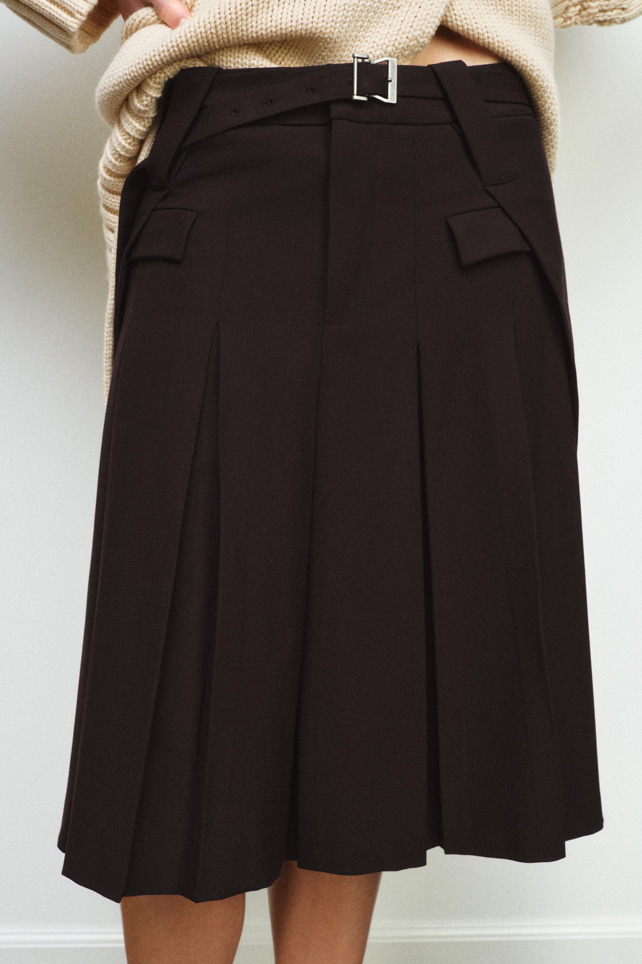 ZW Collection BOX Pleat Midi Skirt - Brown