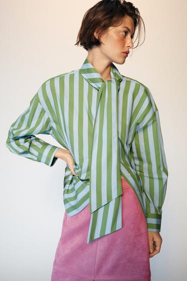 Zara TIED STRIPED SHIRT - Green / Blue