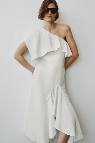 ZW COLLECTION ASYMMETRIC LINEN BLEND DRESS WITH RUFFLES - Oyster-white by Zara - Image 0