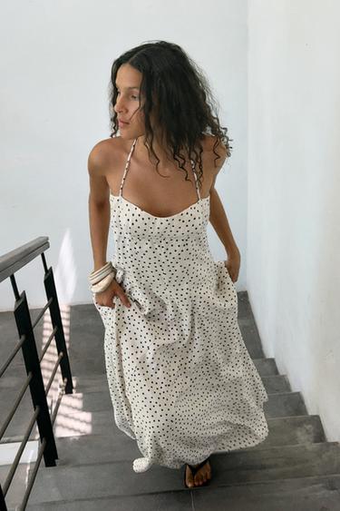 ROBE MI-LONGUE À POIS - Blanc / Noir de Zara