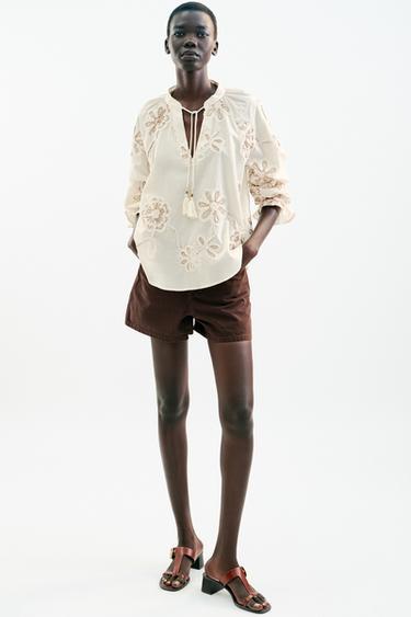 EMBROIDERED TEXTURED BLOUSE - Ecru by Zara - Image 0