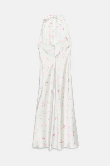 Zara FLORAL SATIN EFFECT MIDI DRESS - White / Pink