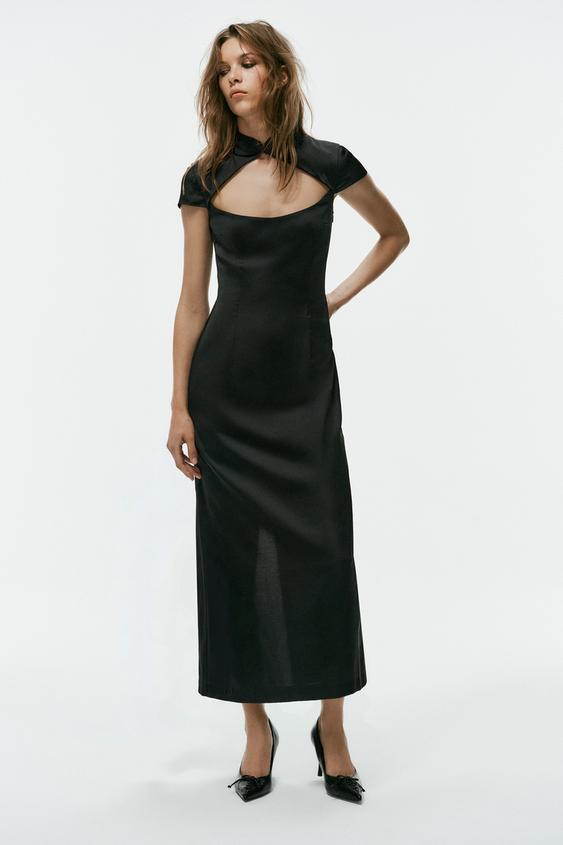SATIN MIDI DRESS WITH OPENING - Black