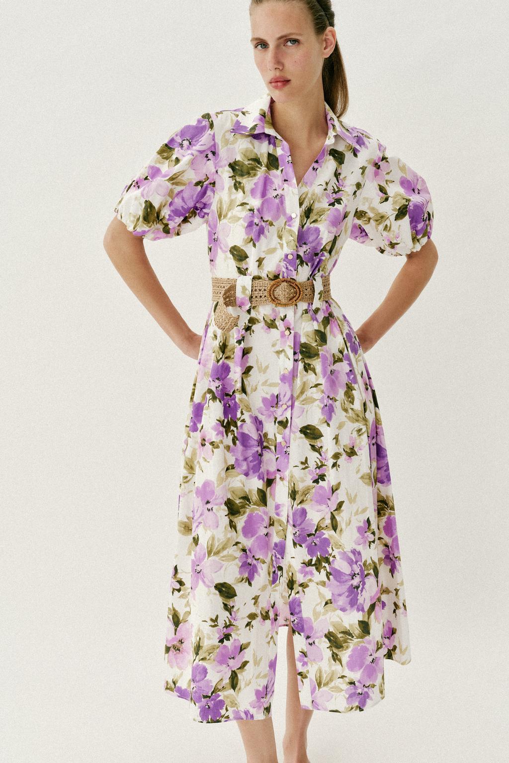 FLORAL PRINT BELTED MIDI DRESS