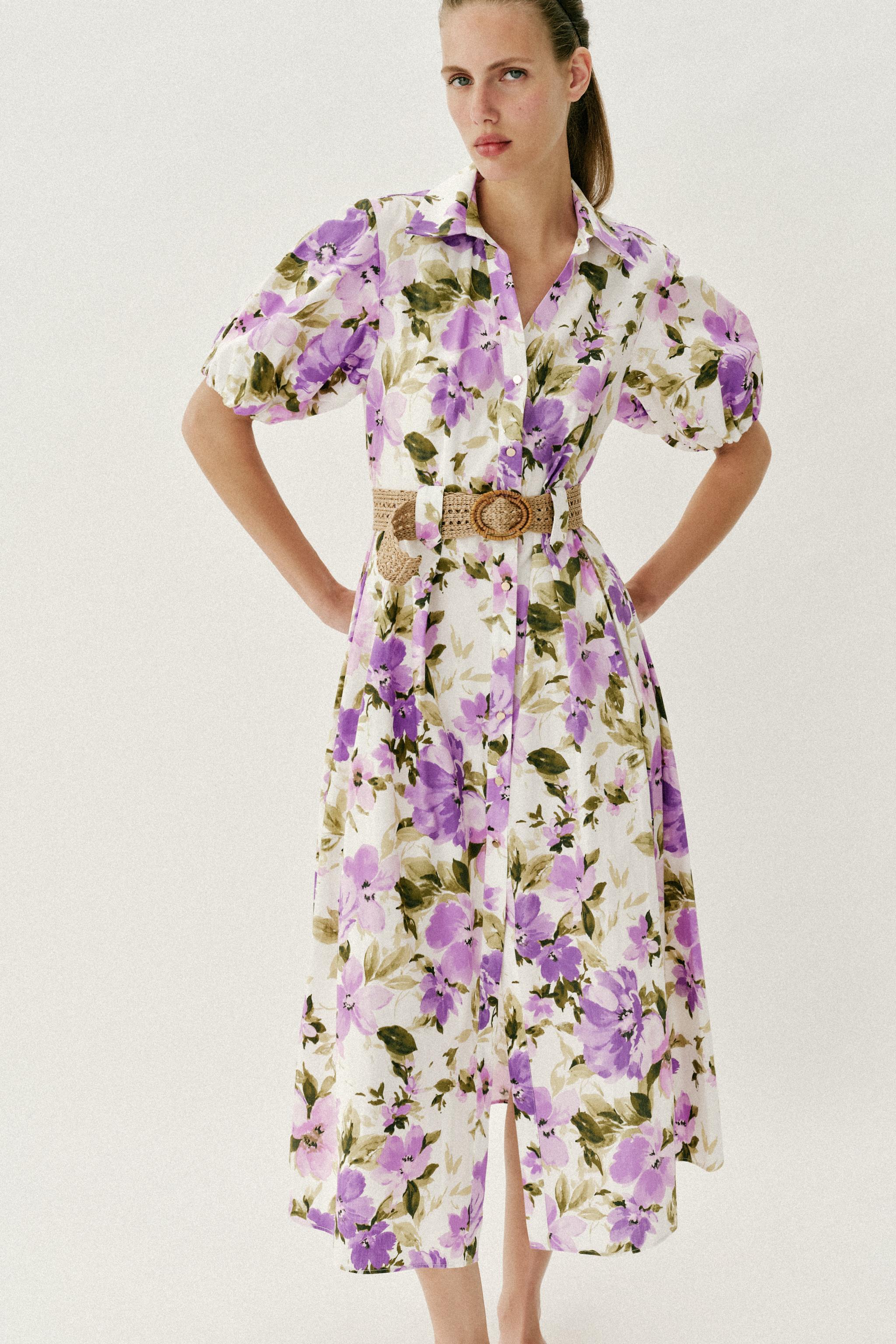 FLORAL PRINT BELTED MIDI DRESS