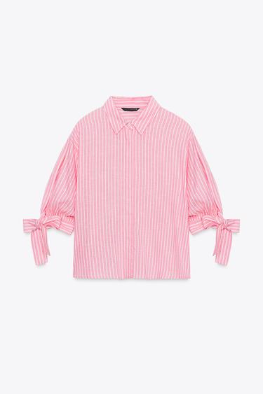 STRIPED LINEN BLEND SHIRT WITH BOWS - Pink / White by Zara