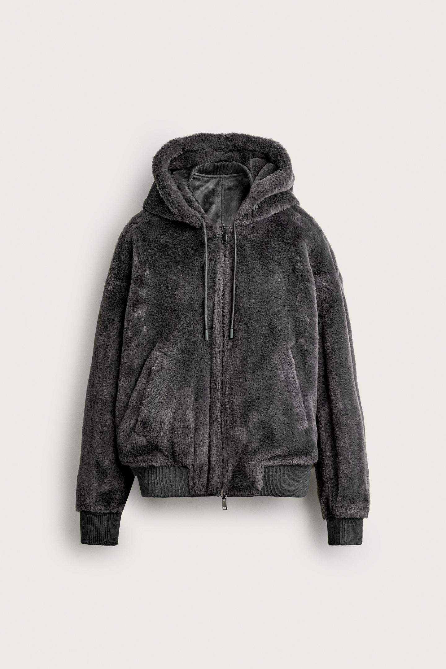 Мужская куртка Zara Reversible Faux Fur Bomber, цвет: Тёмный серый меланжевый — фото 11