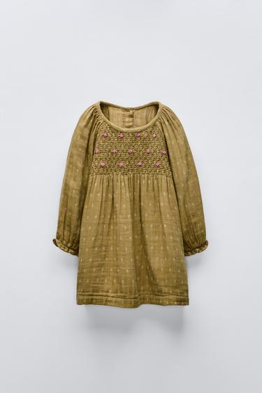 PRINTED DRESS WITH EMBROIDERED YOKE - Olive green by Zara