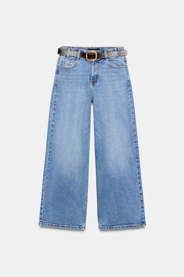Zara Z.10 系列繫腰帶高腰短版寬管牛仔褲 - 中藍色