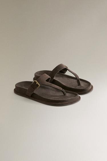 LEATHER SANDALS WITH ASYMMETRIC STRAP - Brown by Zara - Image 1