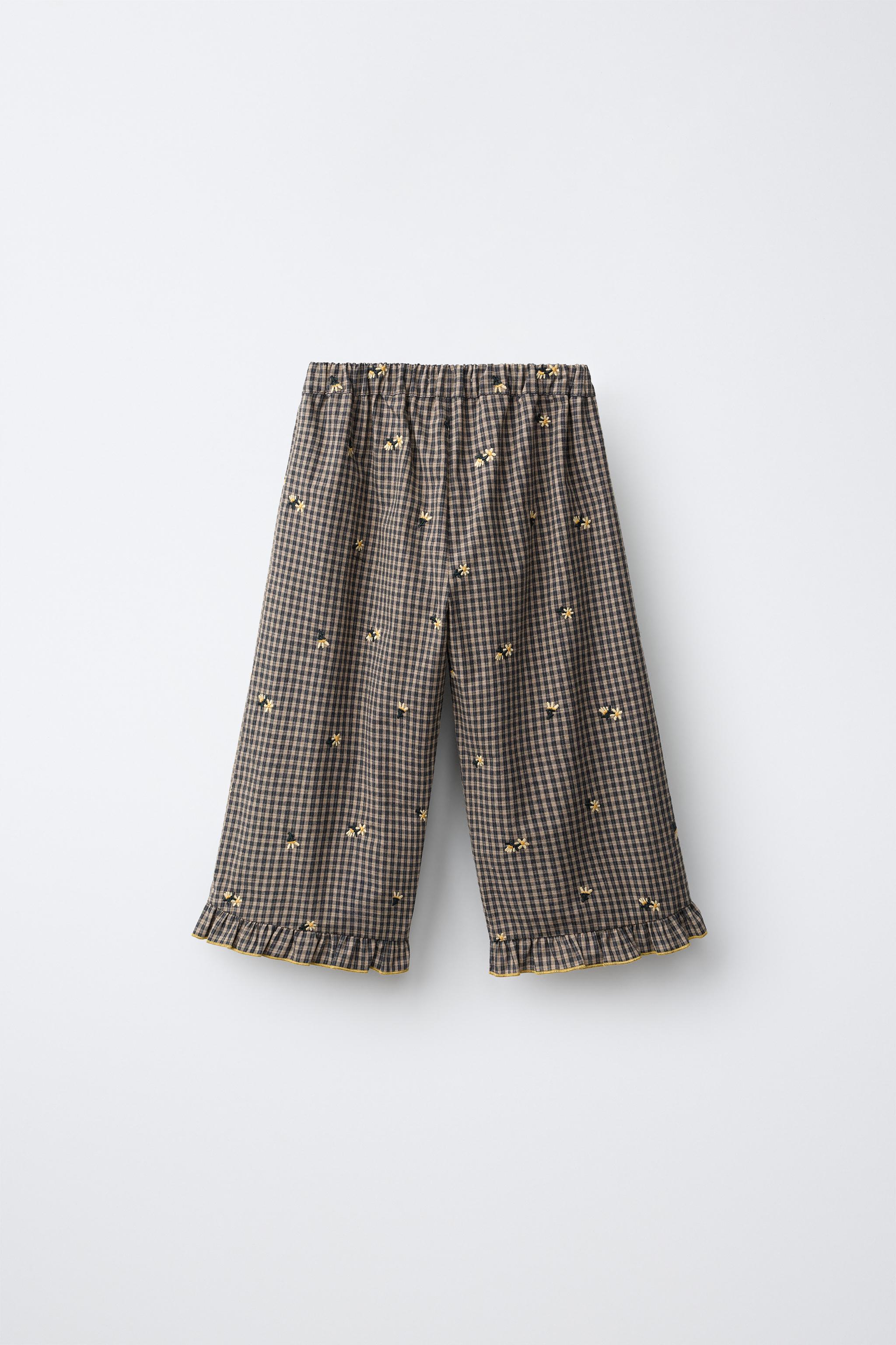EMBROIDERED FLORAL GINGHAM CULOTTES — Gray
