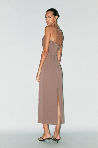 VESTIDO MIDI COM COLAR DE JOIAS - Torrado-escuro da Zara