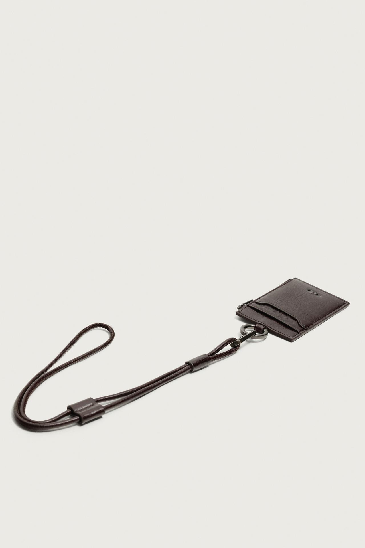 LEATHER LANYARD CARD HOLDER — Brown