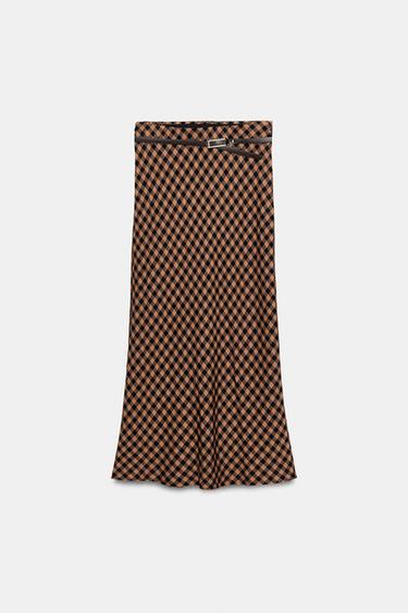 FALDA MIDI CUADRO VICHY - Tostado de Zara - Imagen 0