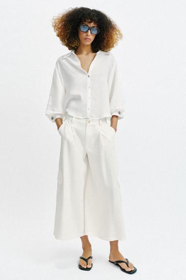 リネン混バルーンスリーブシャツホワイトZaraのリネン混バルーンスリーブシャツ - ホワイト 