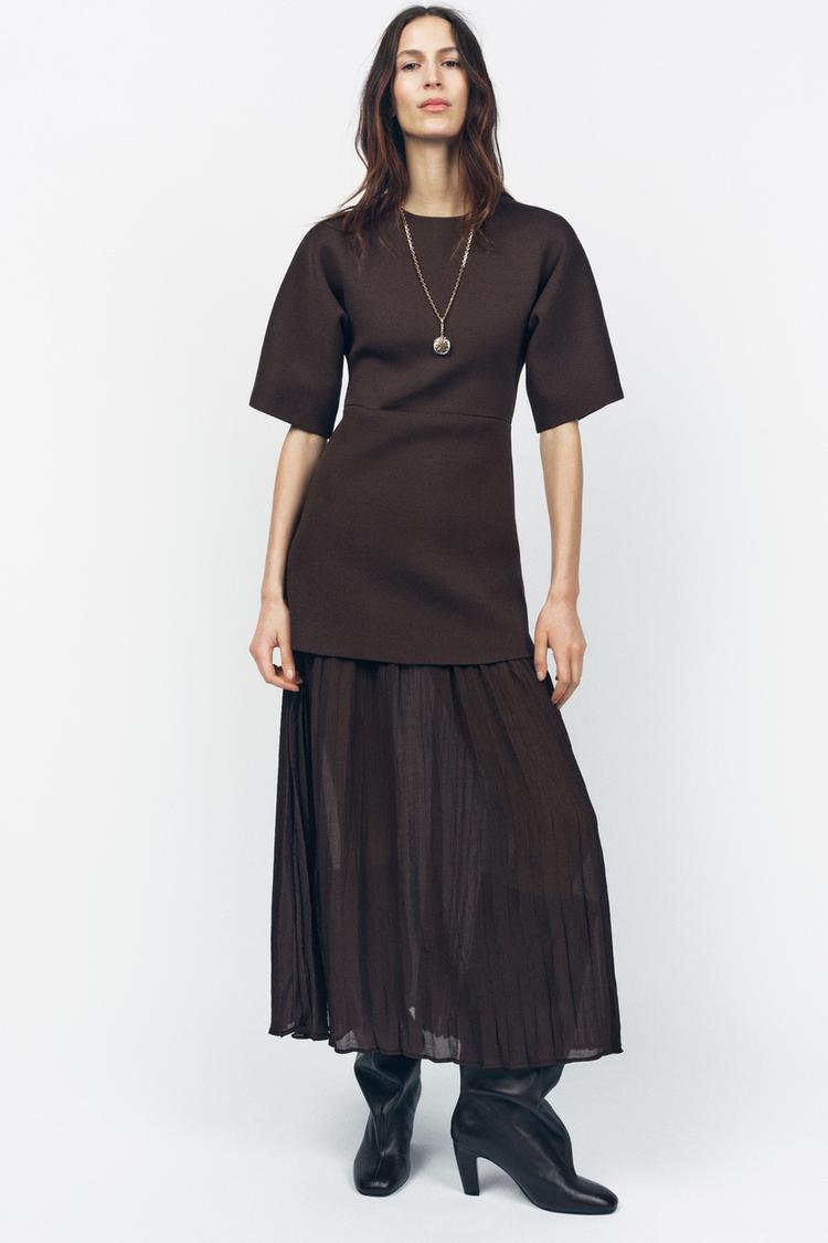プリーツニット コンビワンピース - ブラウン | ZARA Japan / 日本