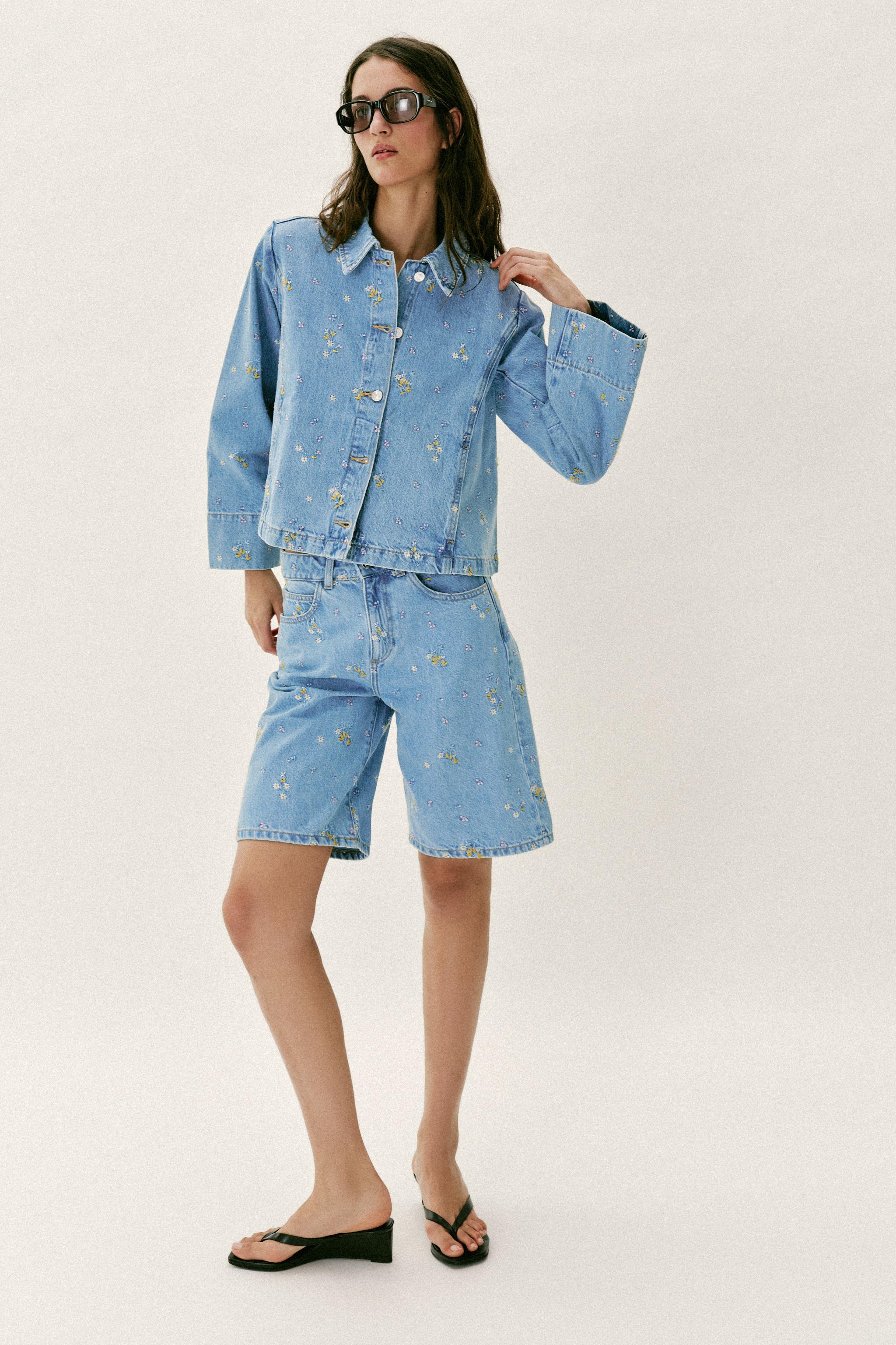 芽風センソユニコ　総柄 ワイヤーカラーウールジャケット 38 Z1975 EMBROIDERED FLORAL DENIM JACKET SET - Mid-blue | ZARA United