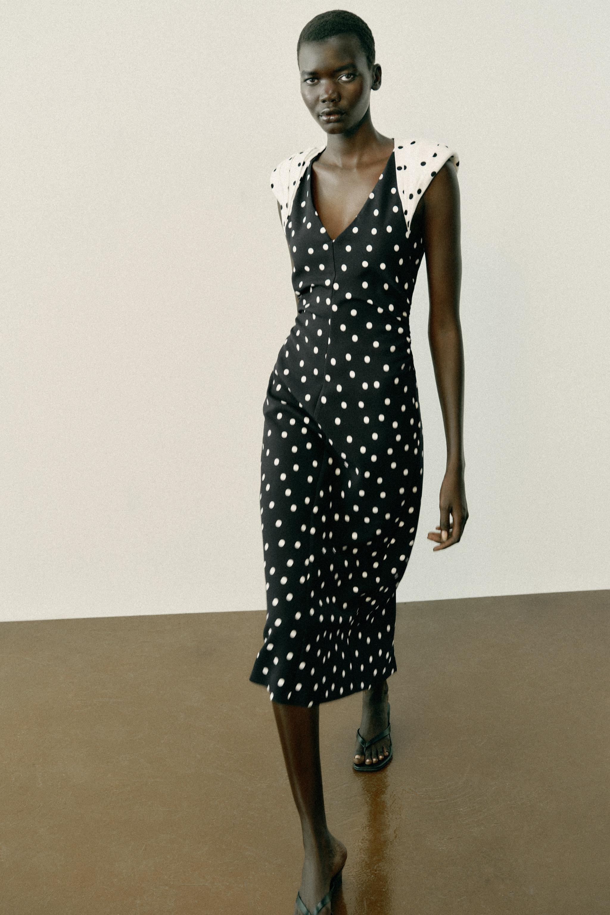 POLKA DOT MIDI DRESS WITH SHOULDER PADS