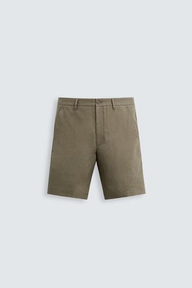 Zara 100% LINEN SHORTS - Light khaki