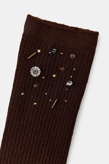 WOOL SOCKS WITH JEWELS AND BEADS - Brown by Zara - Image 3