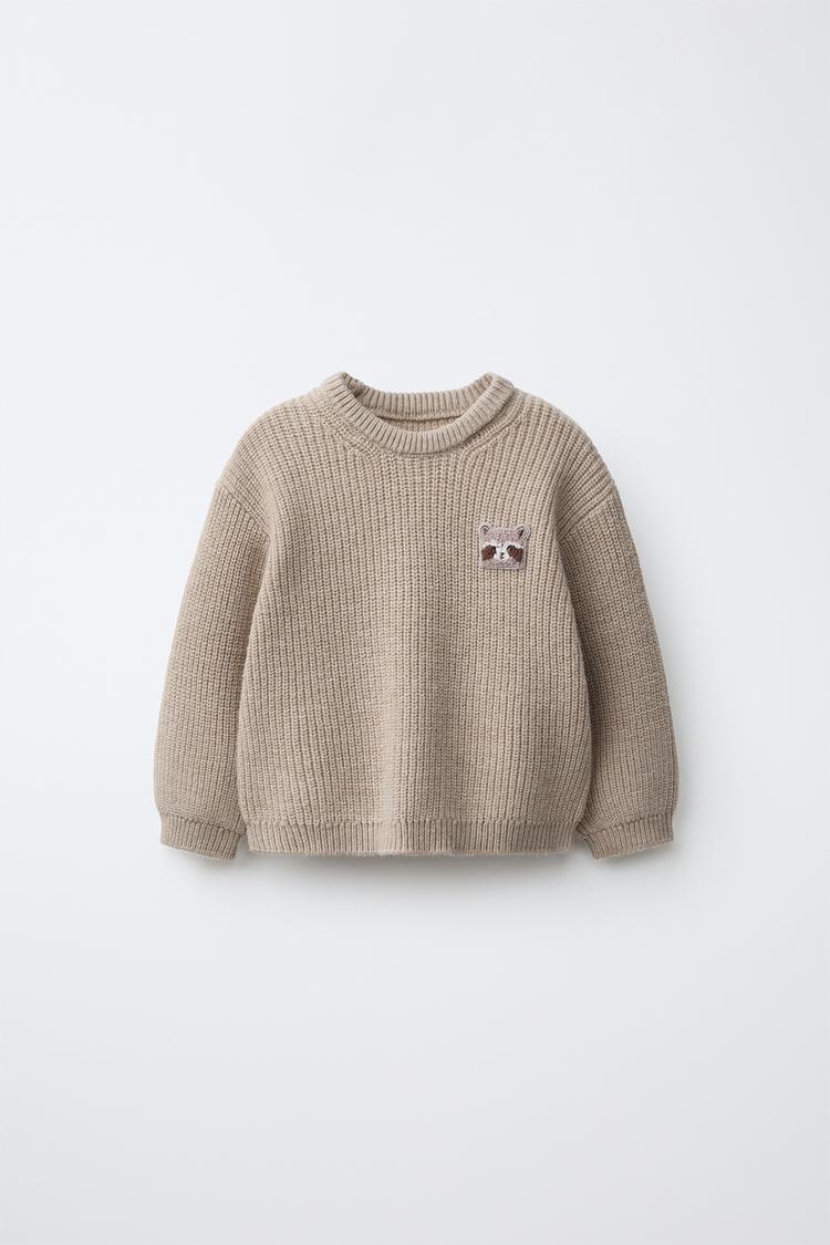 PURL KNIT PATCH SWEATER — taupe brown