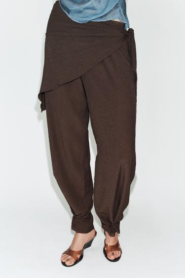 Zara TEXTURED SCARF PANTS - Brown