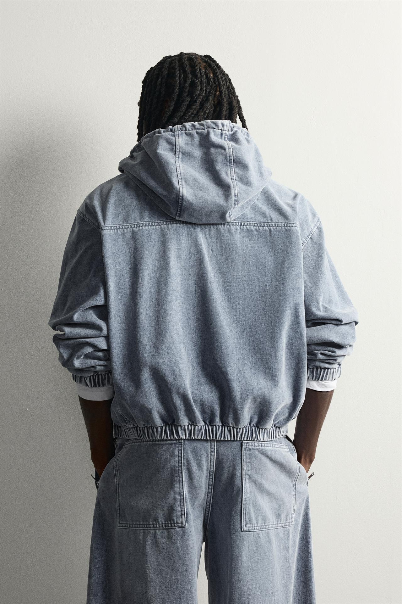 FLEECE-LINED DENIM HOODIE — Light blue