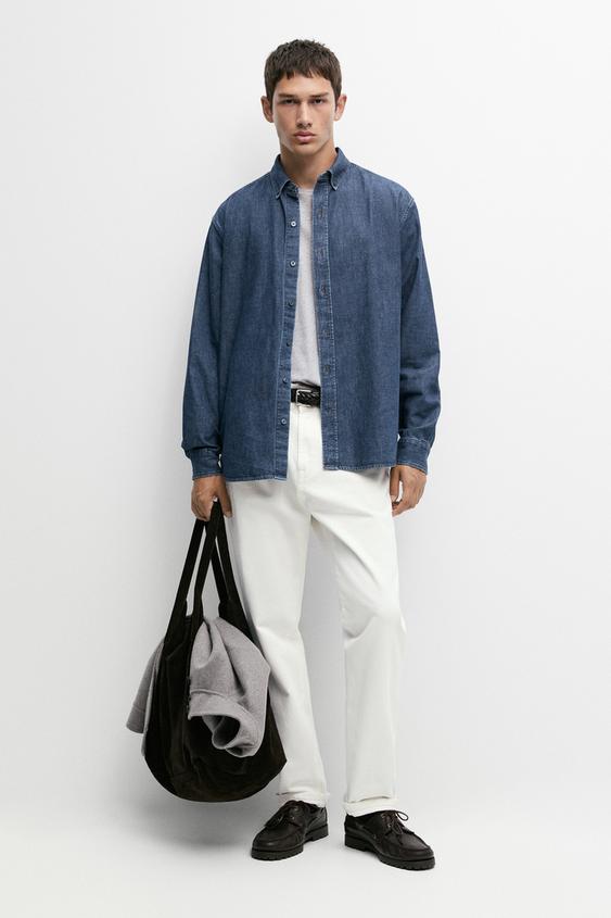 Zara 100% Cotton Regular Fit Denim Shirt - Mid-blue - Image 0