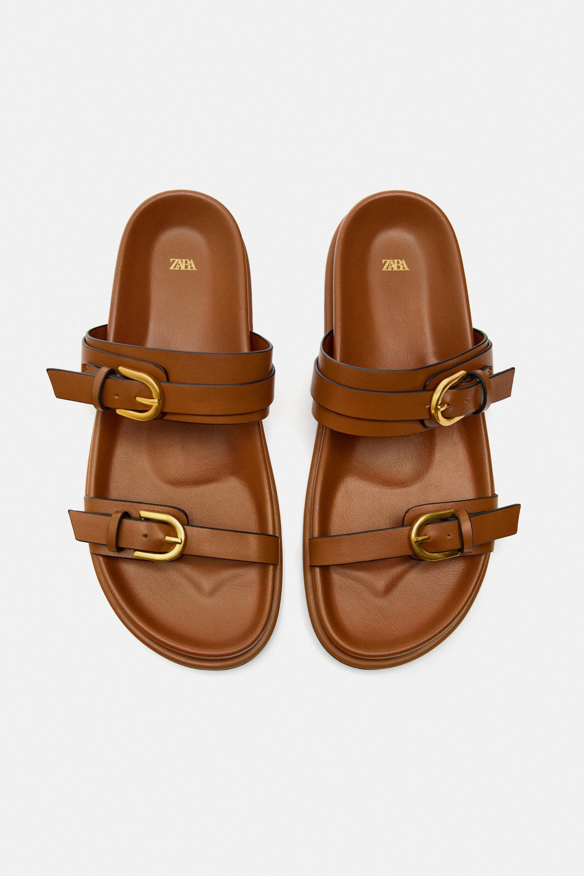 BUCKLED FLAT SLIDER SANDALS - Brown | ZARA India