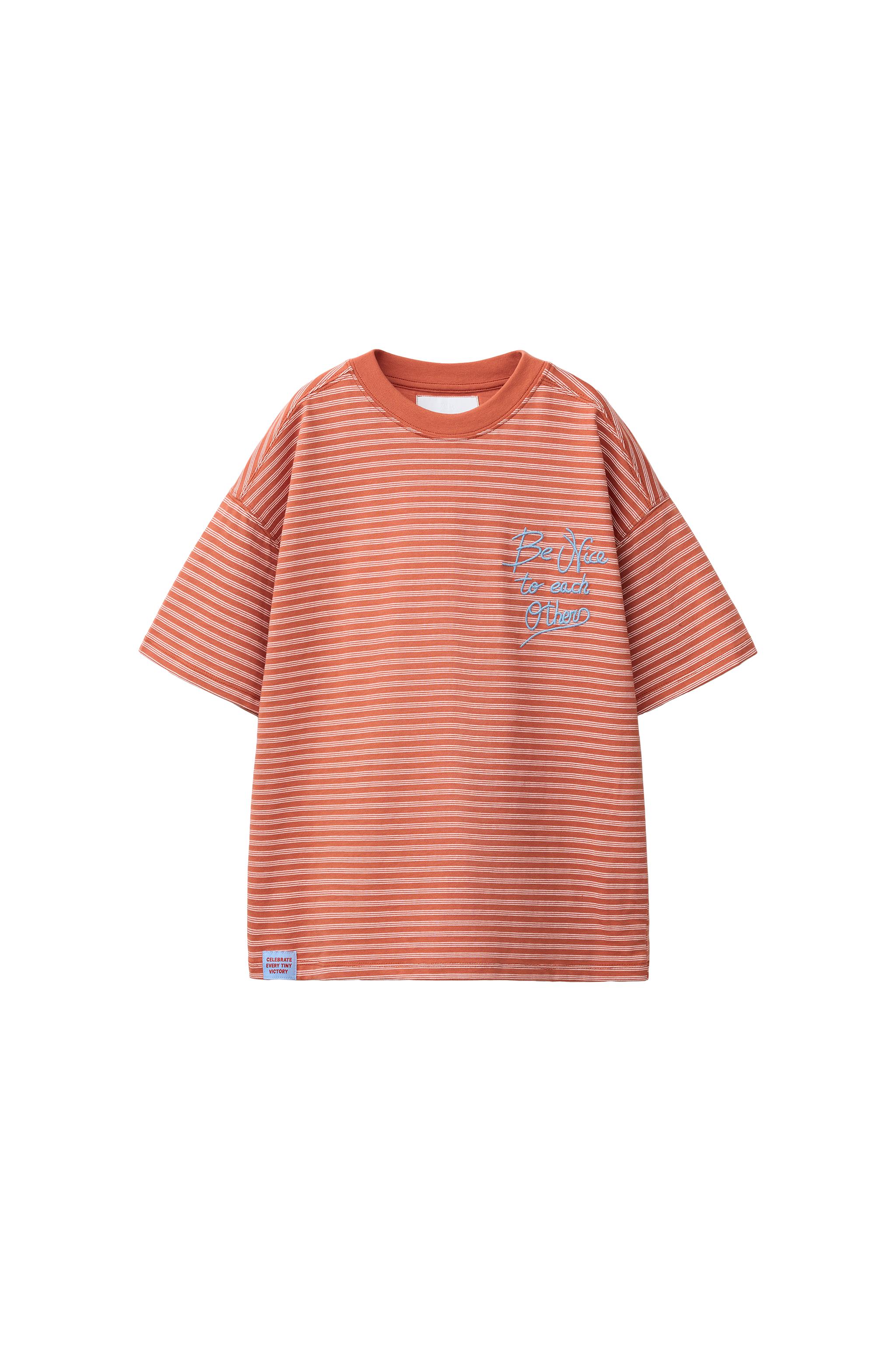 STRIPED T-SHIRT WITH EMBROIDERED SLOGAN - Brick | ZARA Turkey