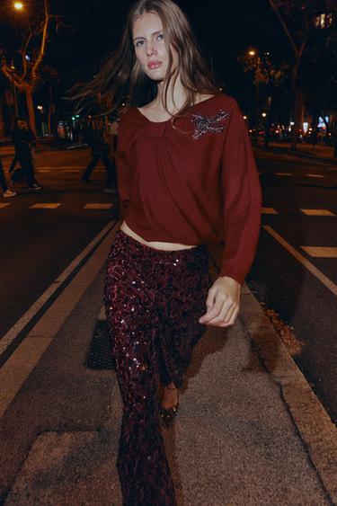 ASYMMETRIC RHINESTONE KNIT JUMPER - Burgundy by Zara