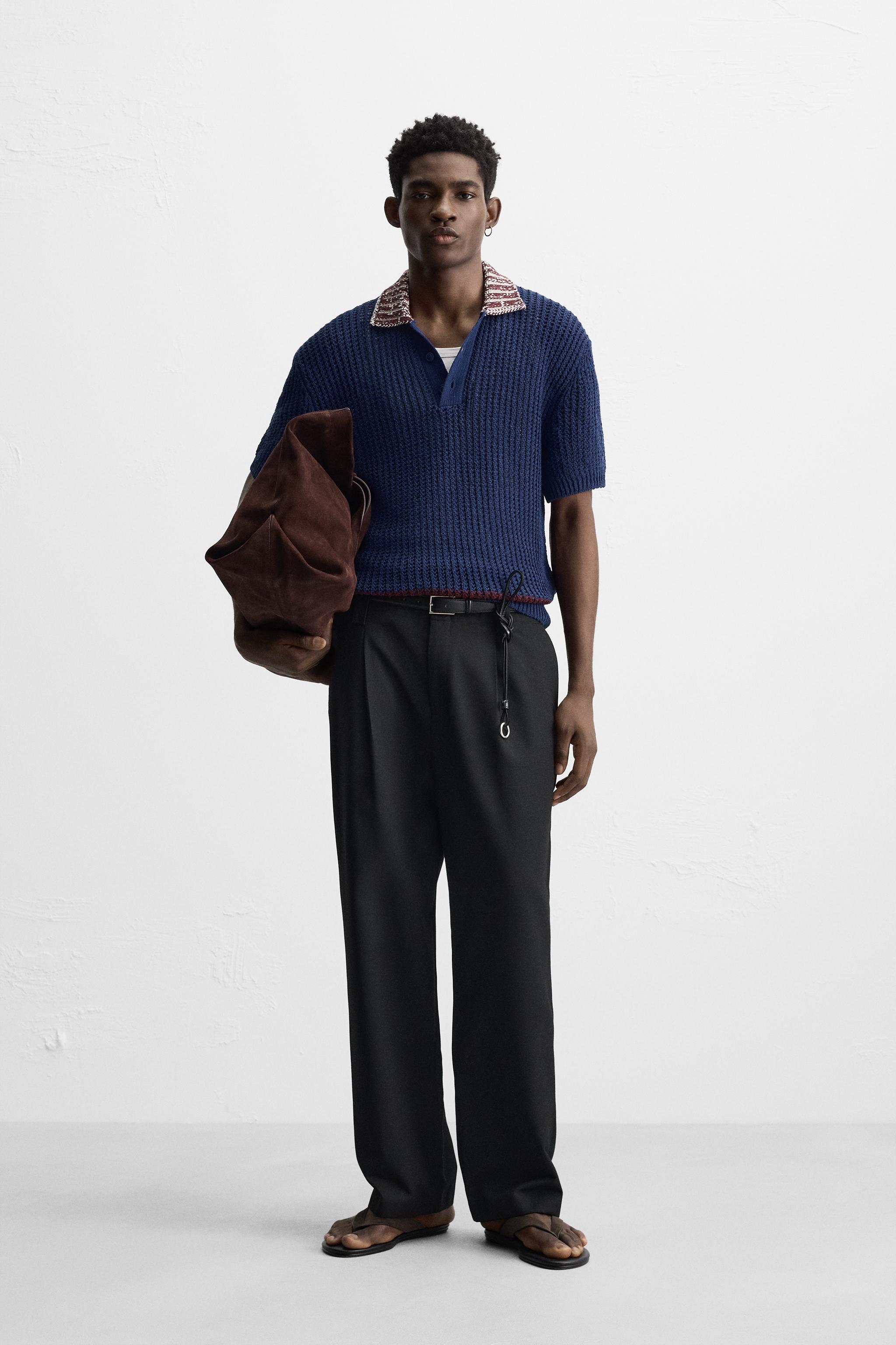 2色コントラストステッチフェイクツーピースポロ長袖 カジュアル コントラストテクスチャーニットポロシャツ - ブルー | ZARA