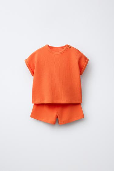 PLAIN WAFFLE-KNIT T-SHIRT AND BERMUDA SHORTS SET - Orange by Zara