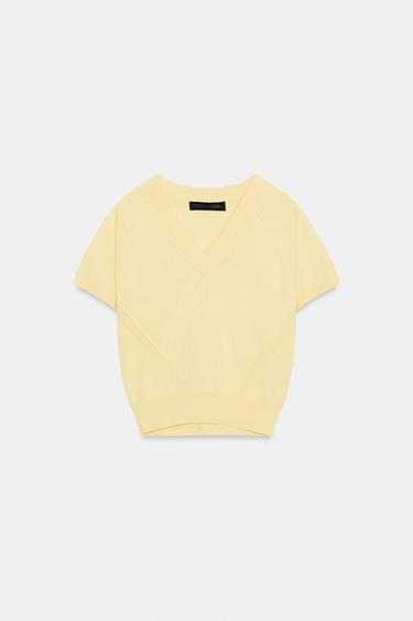 TOP MANGA CORTA PUNTO CUELLO PICO - Amarillo claro de Zara