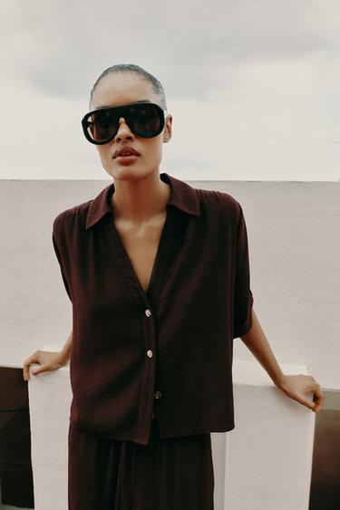 FLOWING SHORT SLEEVE SHIRT - Dark brown by Zara