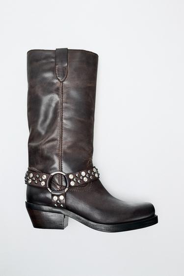 Zara FLAT LEATHER BOOTS WITH APPLIQUES - Brown
