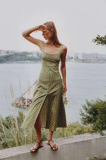 Zara POLKA DOT LINEN MIDI DRESS - Multicolored