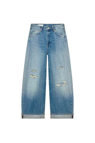 TRF MID-WAIST RIPPED BAGGY FOLDED JEANS - Indigo by Zara