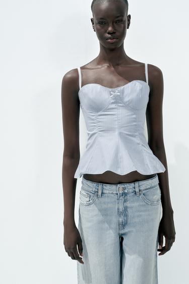 TOP IN POPELINE CON FIOCCO E BASCHINA - Blu/Bianco di Zara