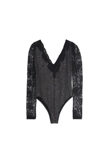 LACE-TRIMMED RHINESTONE BODYSUIT