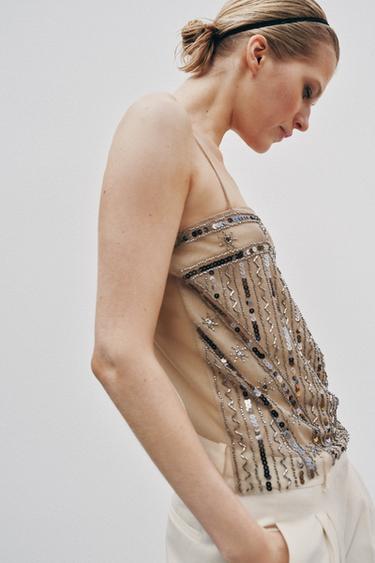 BEADED SEQUIN TULLE TOP - Golden by Zara - Image 1