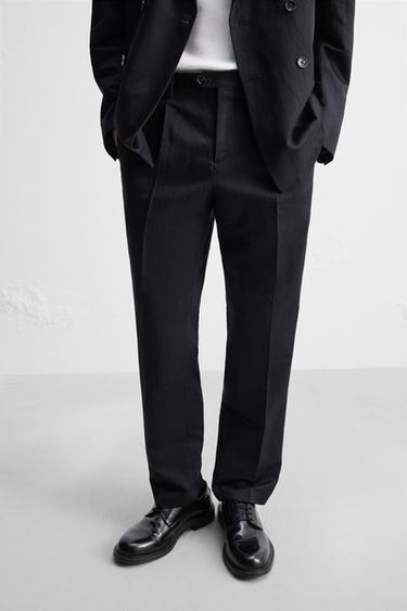 LINEN/COTTON HERRINGBONE SUIT TROUSERS - Navy blue by Zara